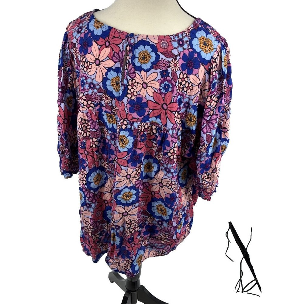 Terra & Sky Womens 1X Floral Boho Blouse Smocked Top Plus Size Multicolor - Picture 4 of 7